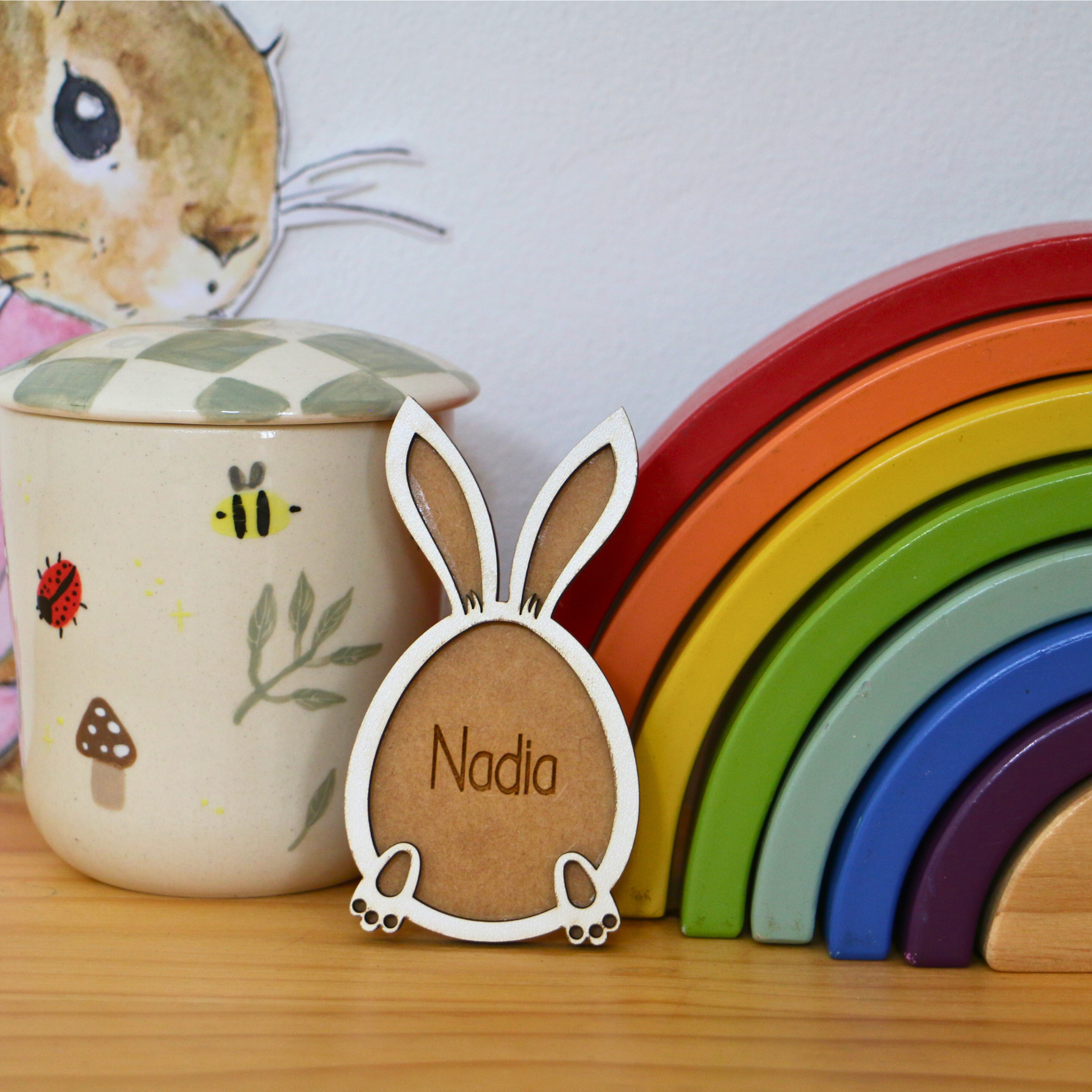 Personalised Wooden Easter Tag – Bunny Feet Design